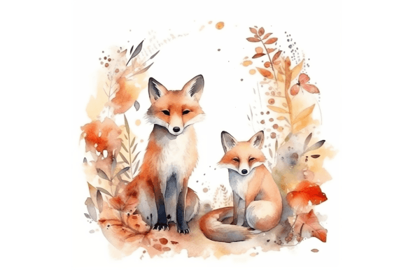 Download Foxes Watercolor with Botanical Frame - Frame Collection