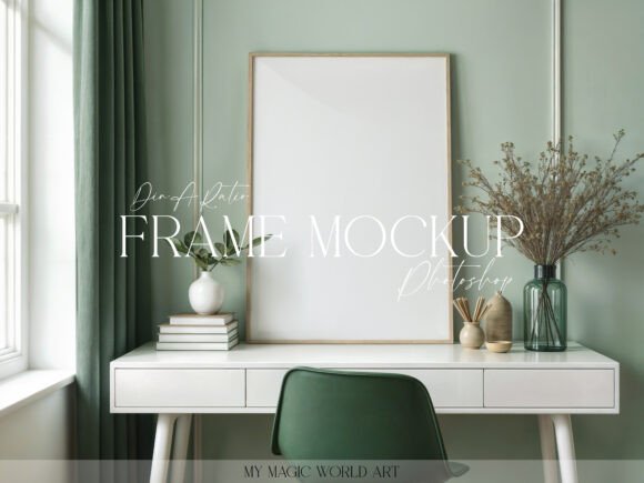 Download Mockup Frame on the Desk Green Interior - Frame Collection