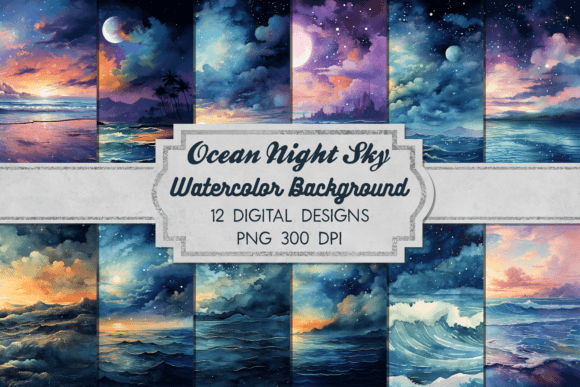 Download Watercolor Ocean Night Sky Digital Paper - Premium Bundle