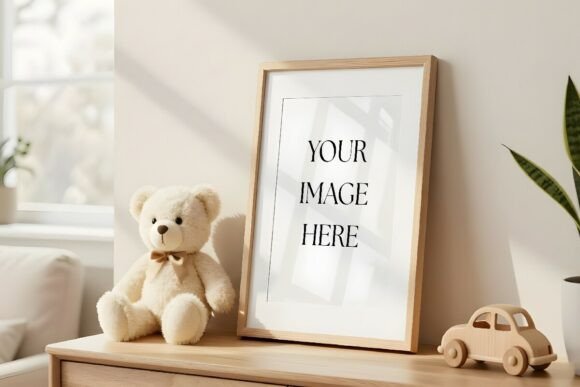 Download Nursery Frame Mockup with Teddy Bear - Frame mockup Collection