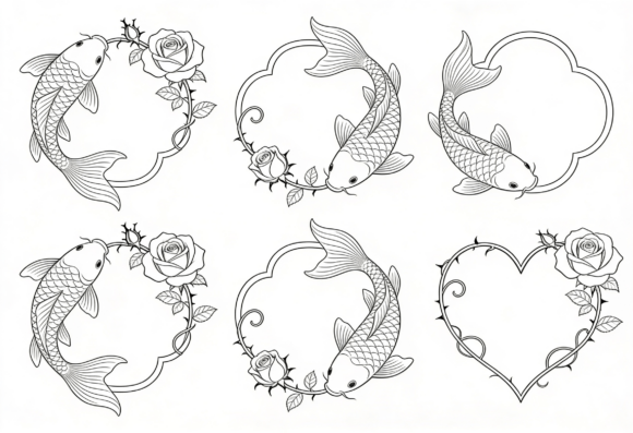 Download Koi Fish Rose Frame Clipart Black and - Frame Collection