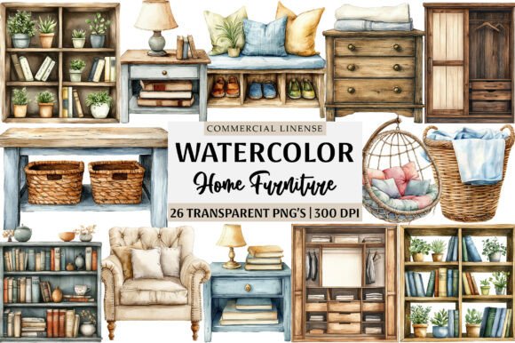 Download Watercolor Home Furniture Clipart Bundle - Home furniture Collection