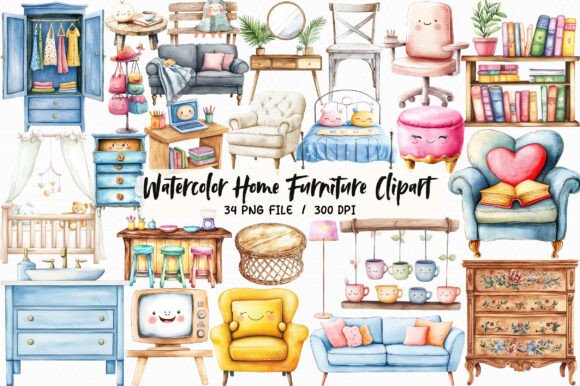 Download Watercolor Home Furniture Clipart - Home furniture Collection