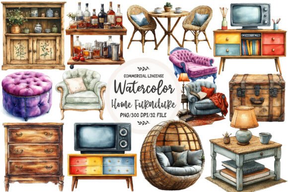 Download Watercolor Home Furniture Clipart - Home furniture Collection